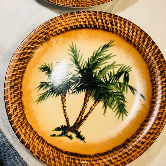 Pair of Tradewind Bay Decorative 8 1/4” Plates Palm Trees  Brown Woven Border - Picture 3 of 9